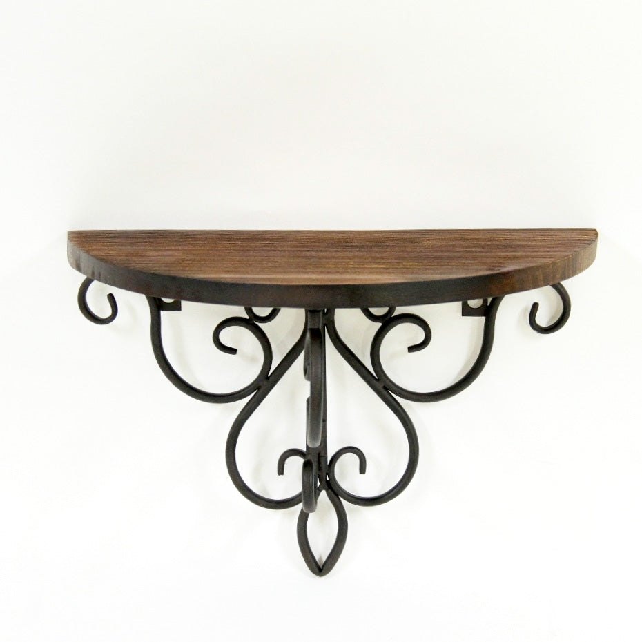 ウォールシェルフ 壁掛け花台 アイアン 天然無垢材天板 木製天板 ハーフムーン天板 アンティーク調 壁掛け棚 ハーフムーンタイプ 350014
