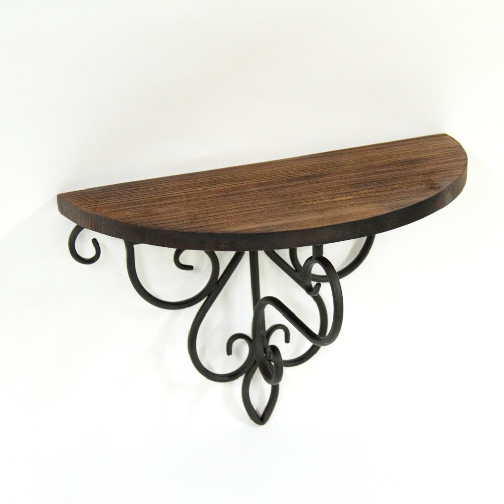 ウォールシェルフ 壁掛け花台 アイアン 天然無垢材天板 木製天板 ハーフムーン天板 アンティーク調 壁掛け棚 ハーフムーンタイプ 350014