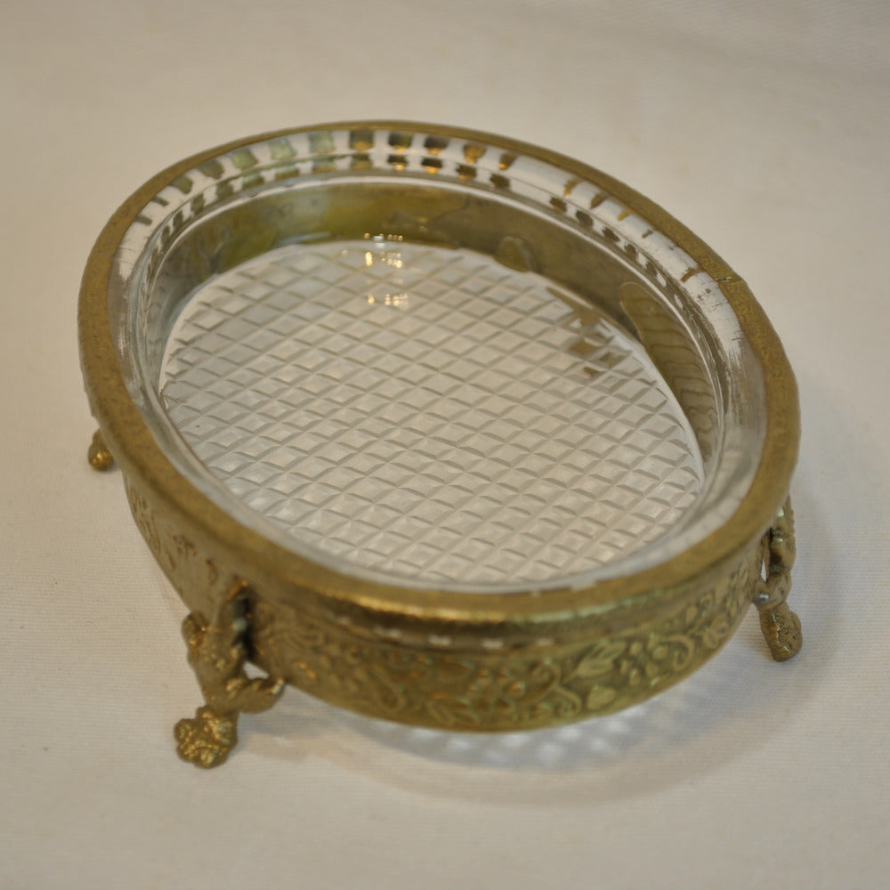 ソープディッシュ 石鹸置き グラスボウル 真鍮製 トレイ ガラストレイ 小物入れ アンティーク風ガラス器 真鍮雑貨 7347065