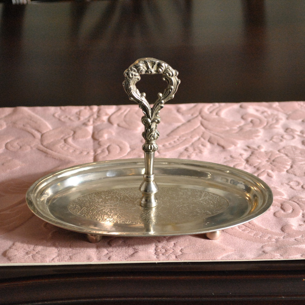 ハンドル付トレースタンド 雑貨 ケーキスタンド シルバー製プレート 1段プレート シルバー 1段トレー ディスプレイプレート クラシック アンティーク風 7347091