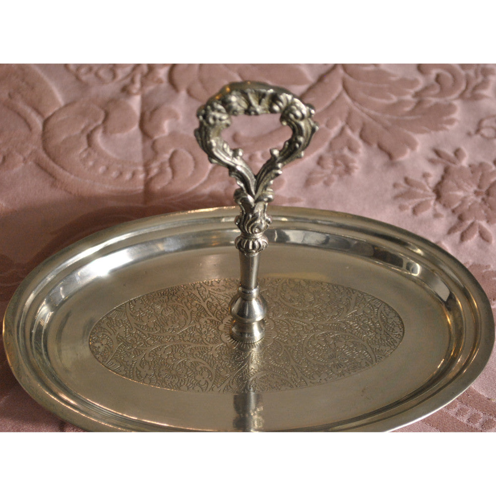 ハンドル付トレースタンド 雑貨 ケーキスタンド シルバー製プレート 1段プレート シルバー 1段トレー ディスプレイプレート クラシック アンティーク風 7347091