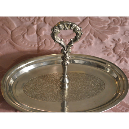 ハンドル付トレースタンド 雑貨 ケーキスタンド シルバー製プレート 1段プレート シルバー 1段トレー ディスプレイプレート クラシック アンティーク風 7347091