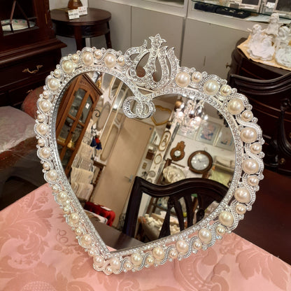 鏡 卓上ミラー 置き鏡 壁掛け卓上両用ミラー ハート型鏡 おしゃれ 壁掛け鏡 スタンドミラー ハート ウォールミラー パール 真珠 ラインストーン シルバー 822003